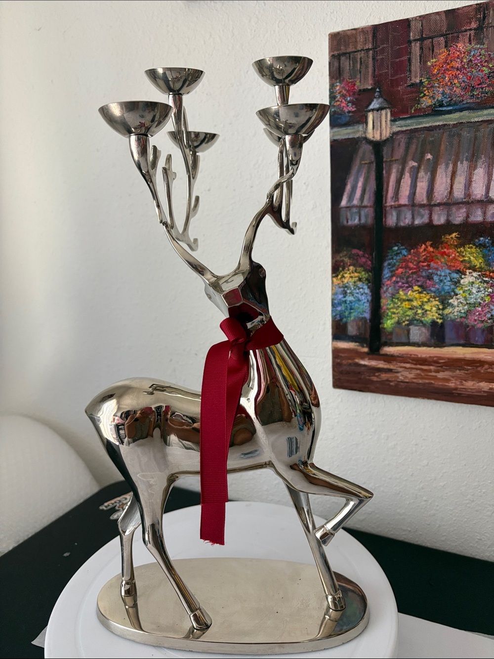 Silver Reindeer heavy with Red burgundy bow - Holiday Home Decor- preowned